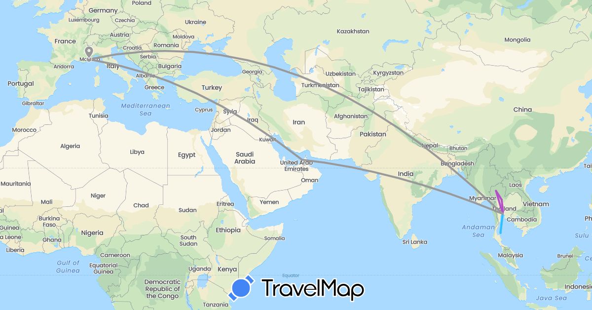 TravelMap itinerary: driving, plane, train, boat in United Arab Emirates, France, Thailand (Asia, Europe)
